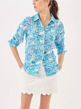 Lilly Pulitzer Seacoast Linen Sea View Button Down Bali Blue Cape Cod XXS NWT